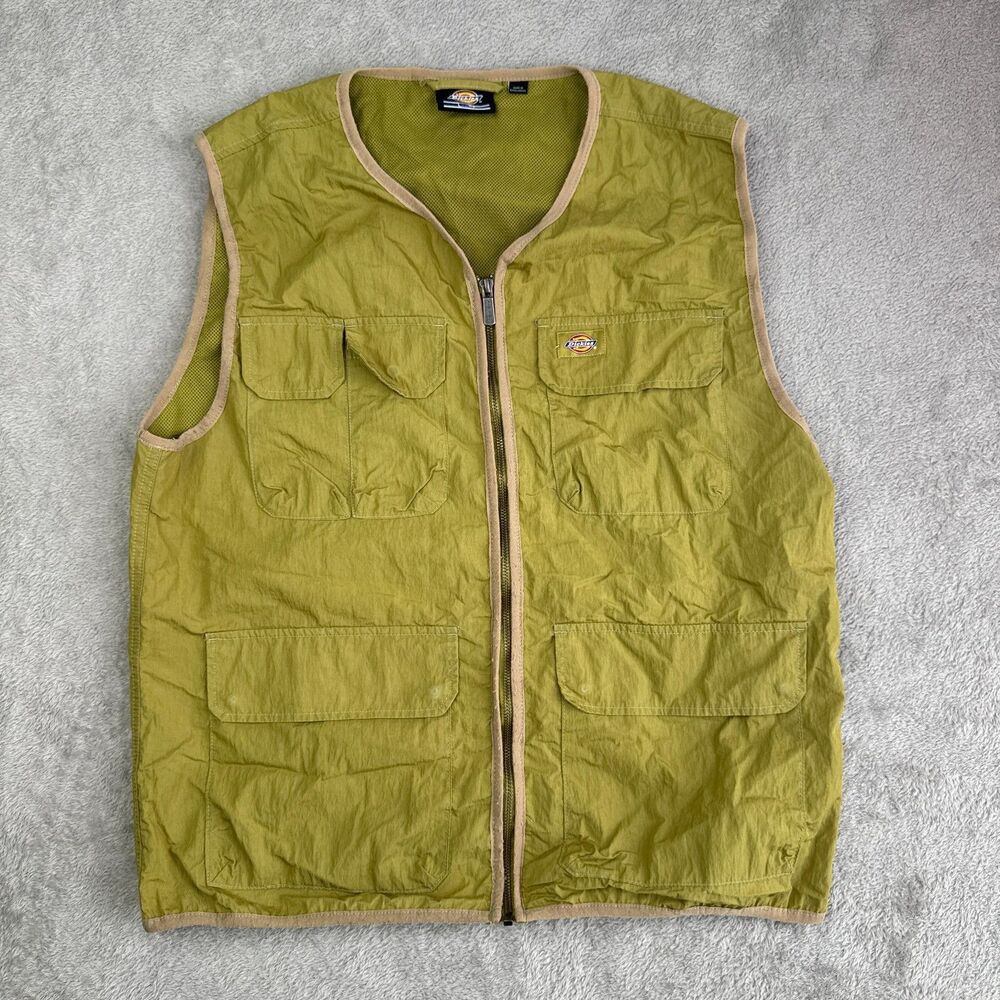Dickies Utility Vest Mens Large Olive Green Mesh Lined V Neck Full Zip Workwear